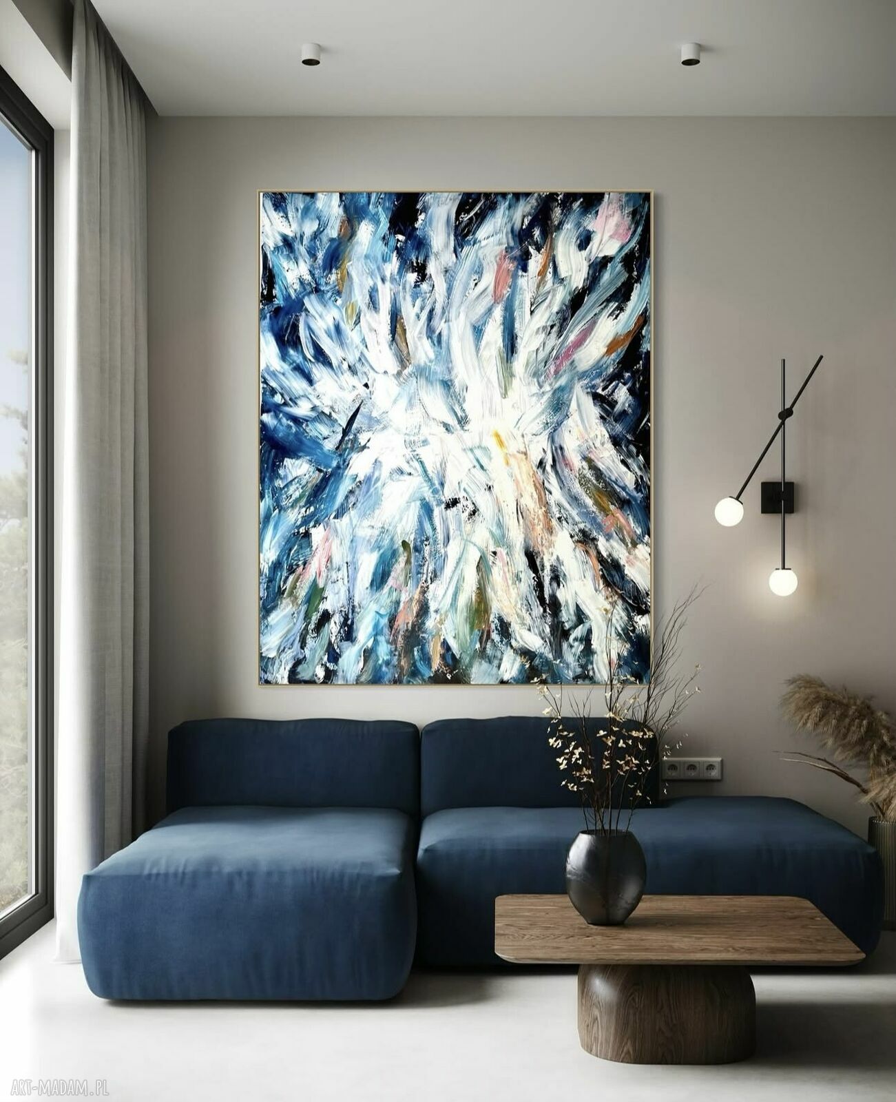 Nowoczesny obraz abstrakcyjny ręcznie malowany 100x140 cm w granacie