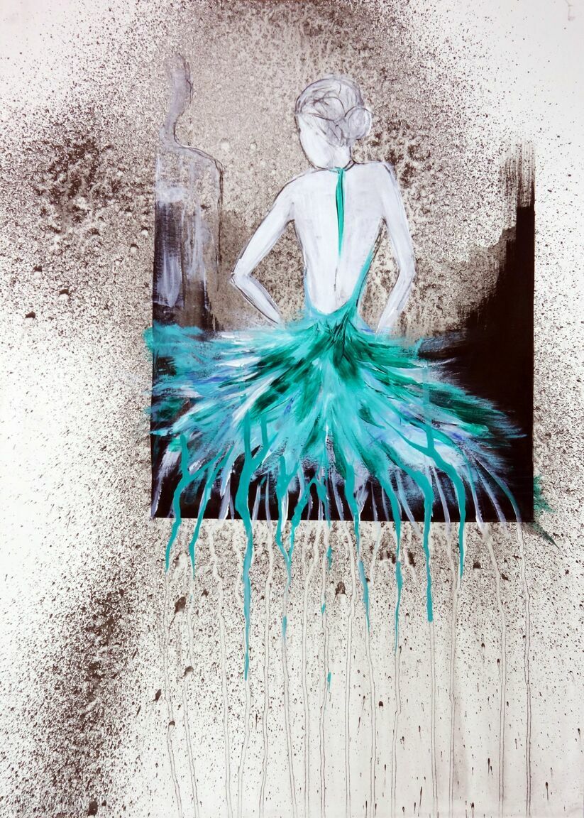 Obraz ręcznie malowany 50x70 cm abstrakcja z baletnicą, akwarela i tusz (bez oprawy)