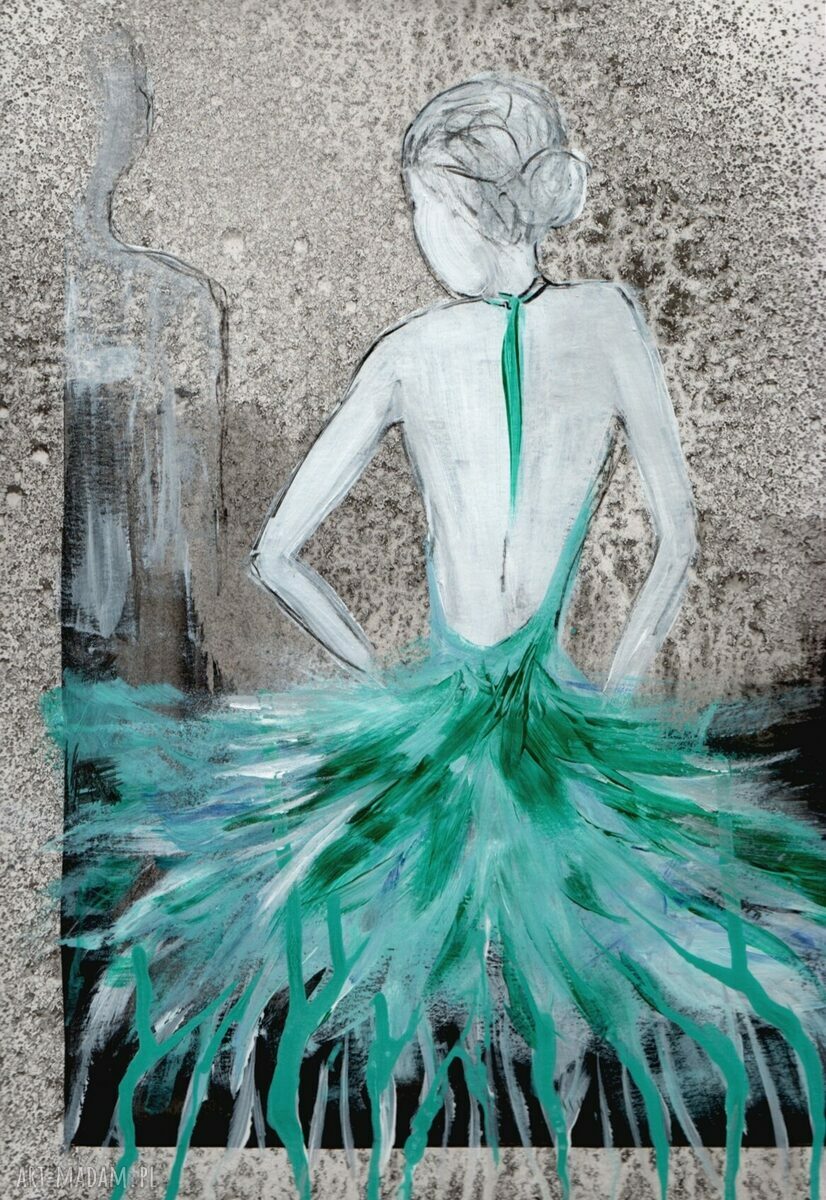 Obraz ręcznie malowany 50x70 cm abstrakcja z baletnicą, akwarela i tusz (bez oprawy)