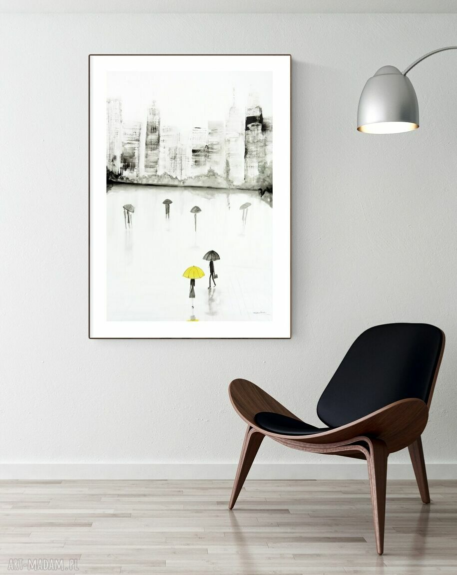 Nowoczesny obraz ręcznie malowany 60x90 cm - deszczowa ulica do sypialni