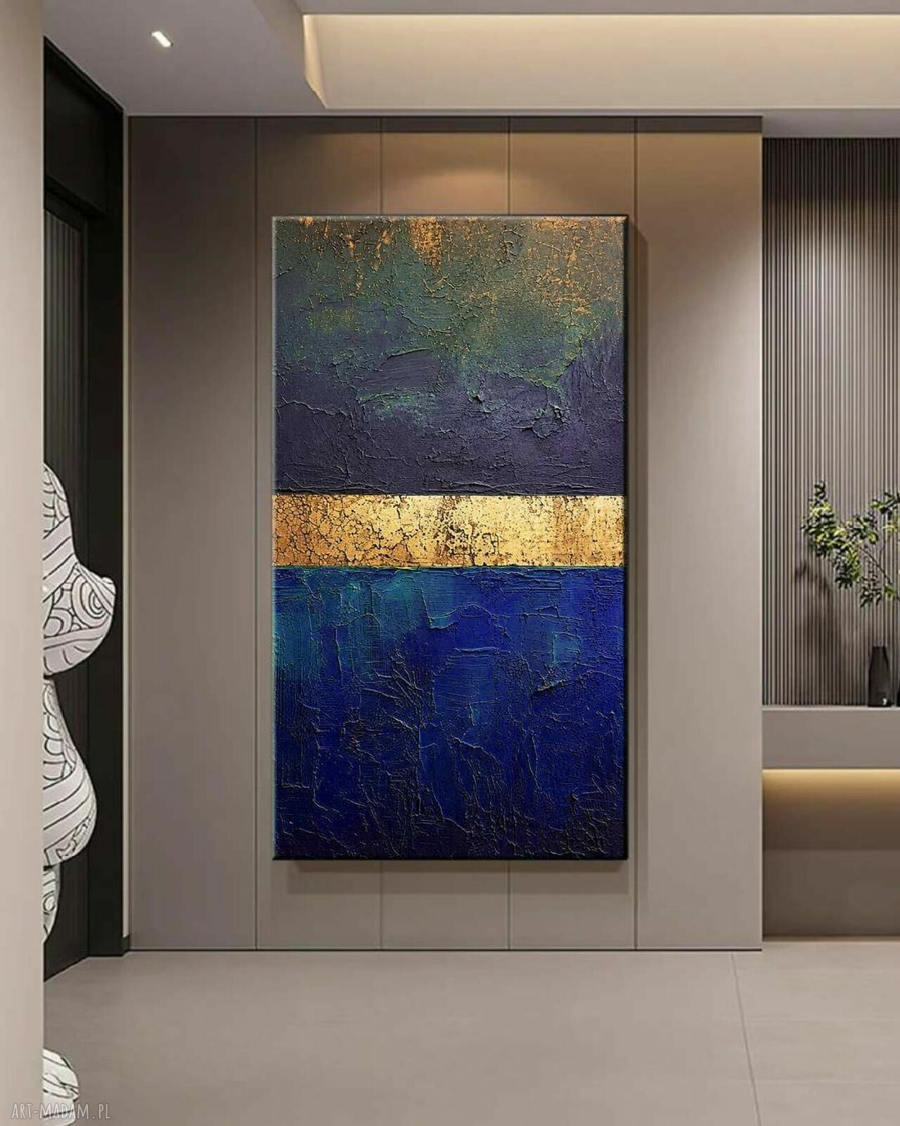 Obraz ręcznie malowany 80x160 cm - struktura złoto i granat indygo