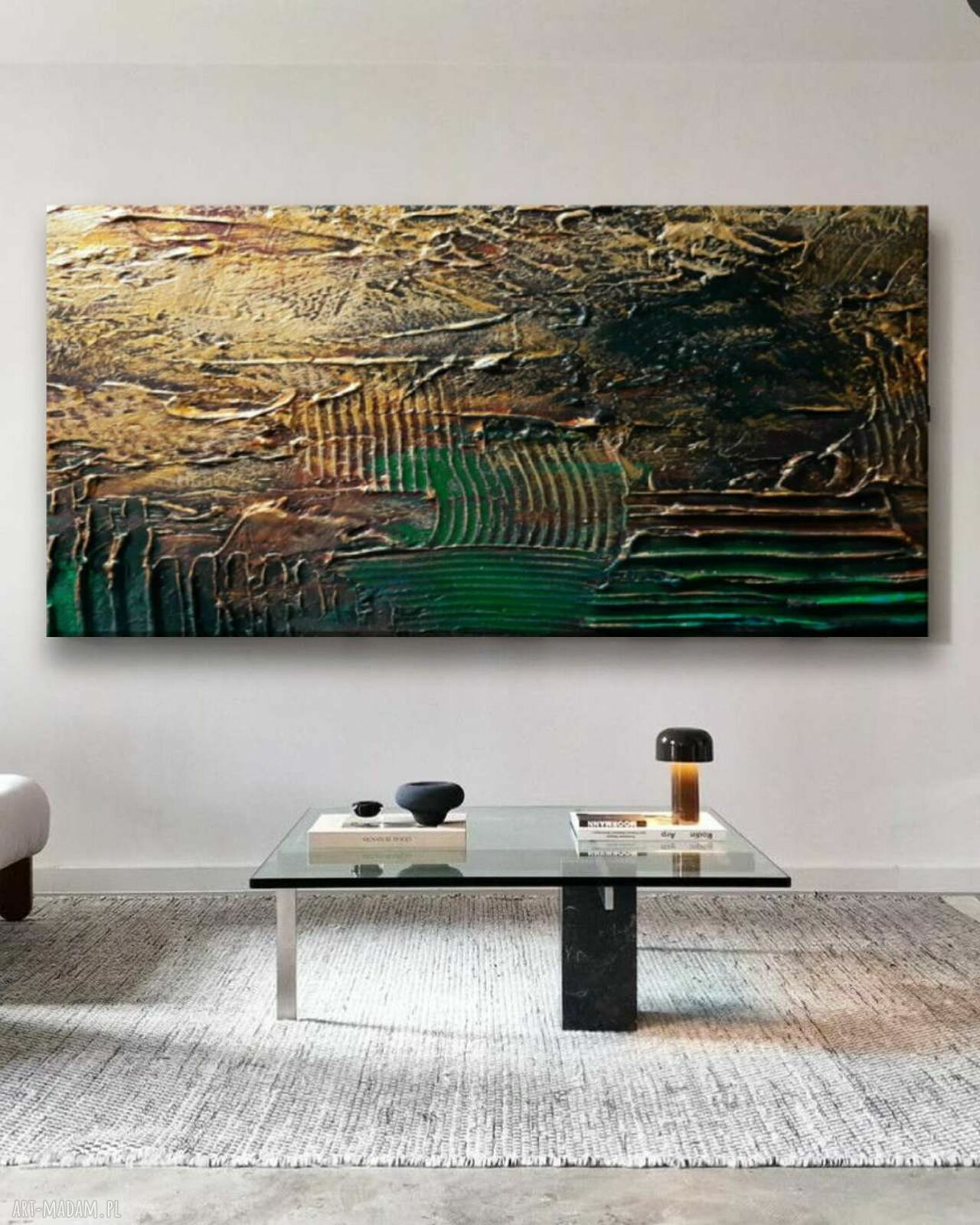 Ręcznie malowany obraz 80x160 cm w kolorach złoto - miedź i szmaragd