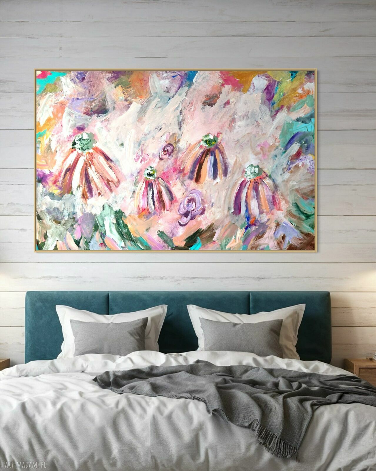 Duży obraz ręcznie malowany 90x140 cm w stylu kwiatowej abstrakcji