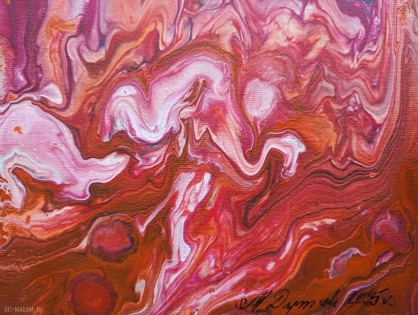 Obraz ręcznie malowany „Moc Różu” - akrylowy pouring 20x20 cm
