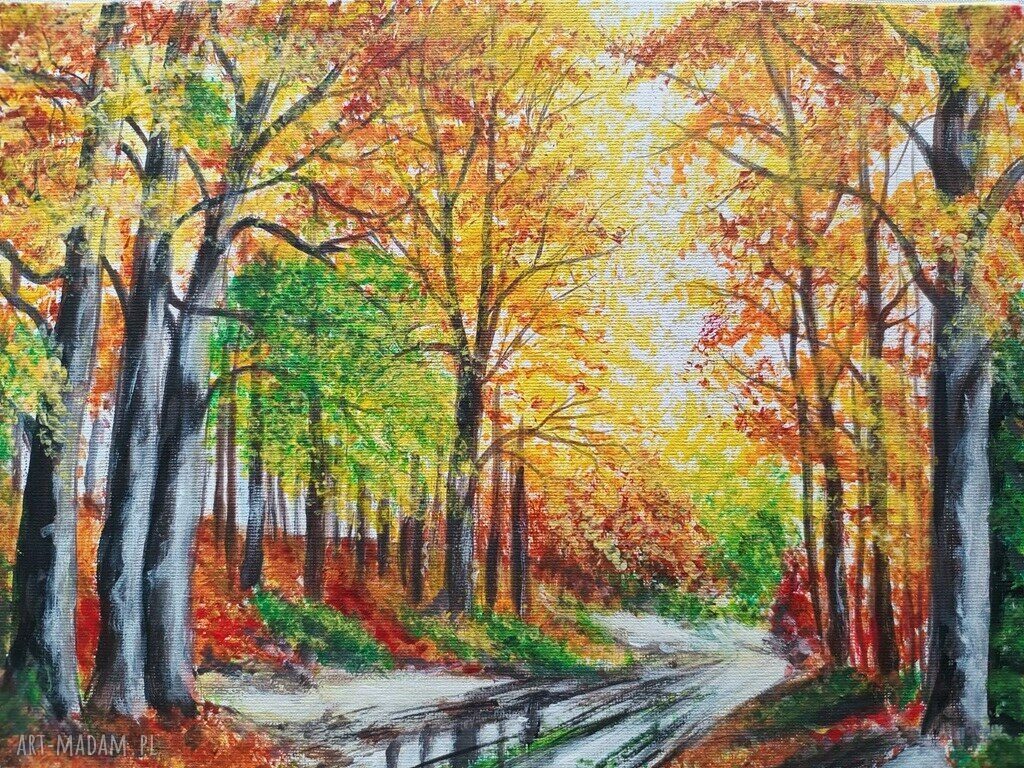 Obraz ręcznie malowany akrylowy „Barwną Aleją” - jesienny pejzaż drzew, 24x30 cm