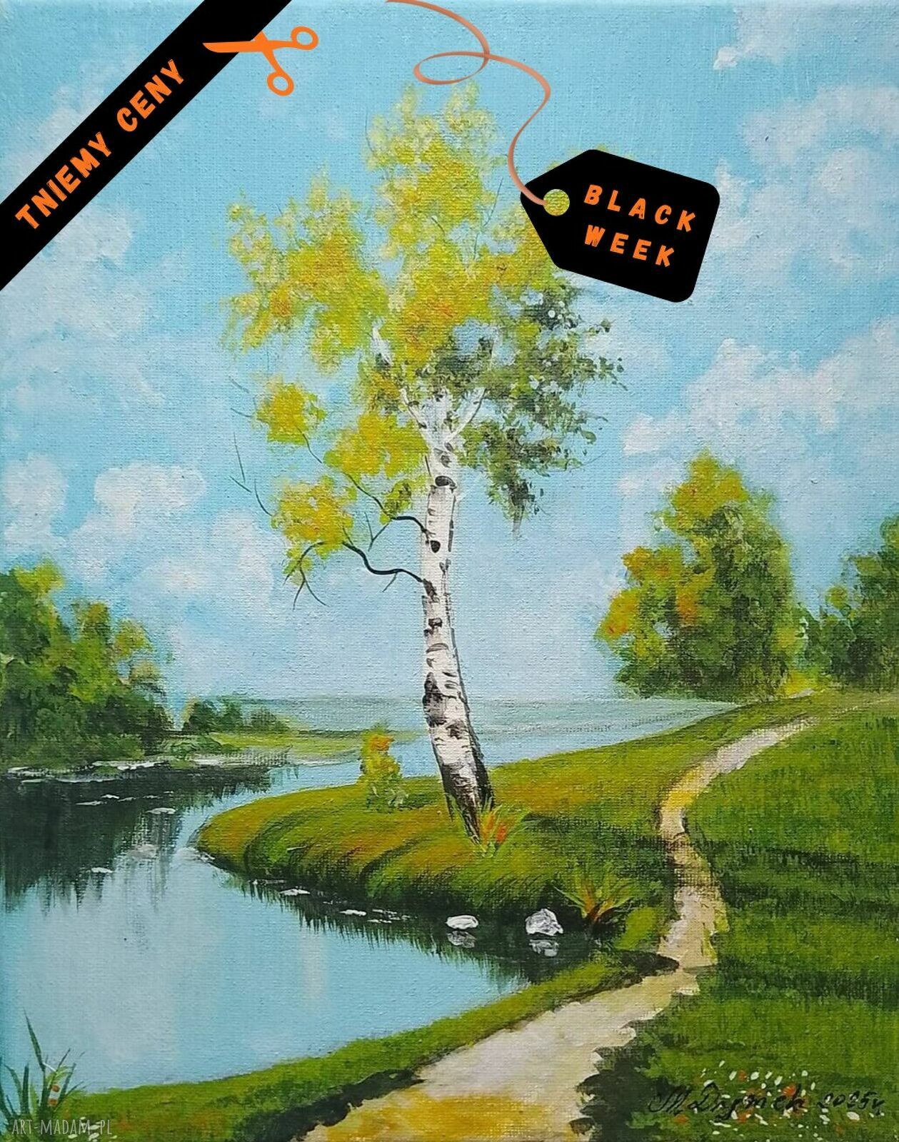 OBRAZ RĘCZNIE MALOWANY AKRYLOWY "BRZOZOWA SAMOTNIA" - 30x24 cm