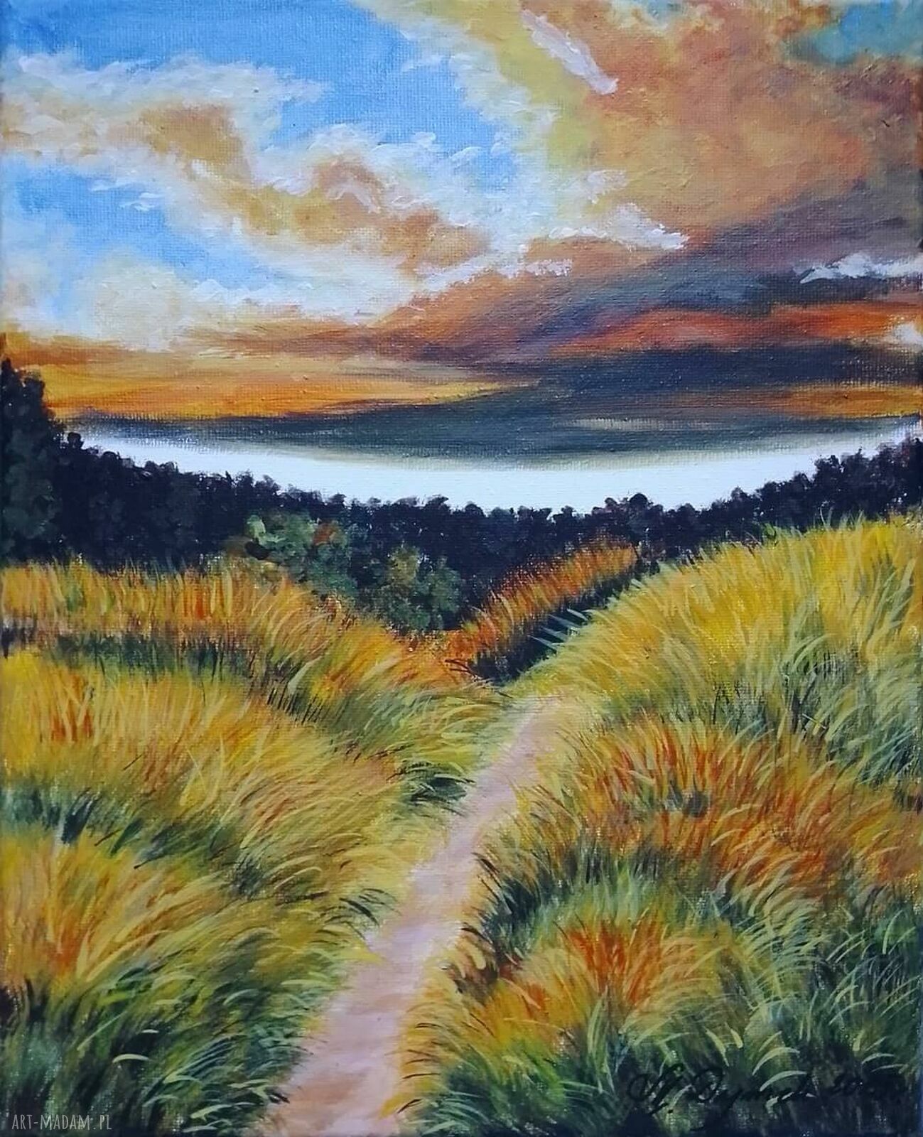 Obraz ręcznie malowany akrylowy 'Gdy robi się wietrznie' - pejzaż 30 x 24 cm