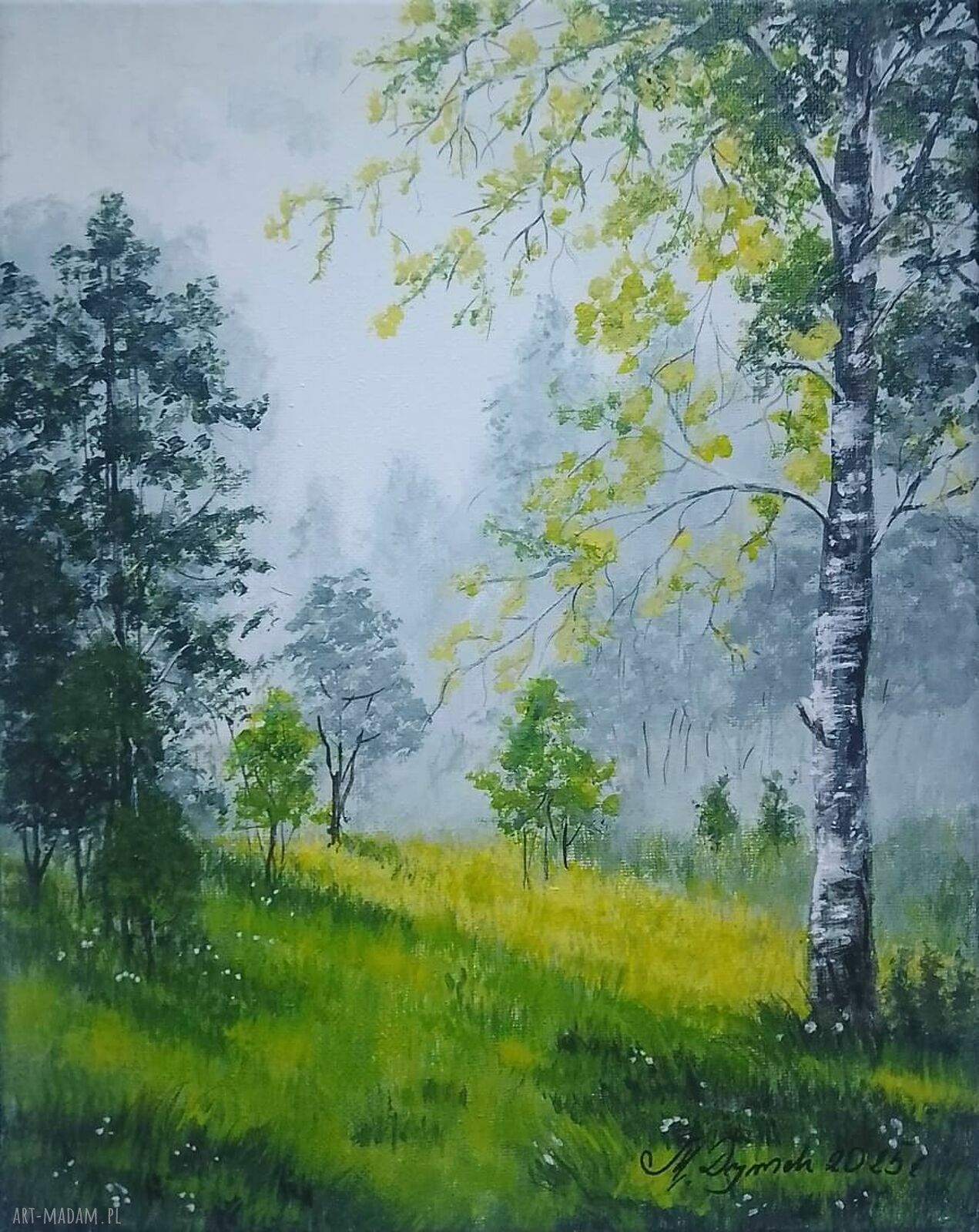 Iście mgliście - obraz akrylowy z drzewami w lesie, 30x24 cm
