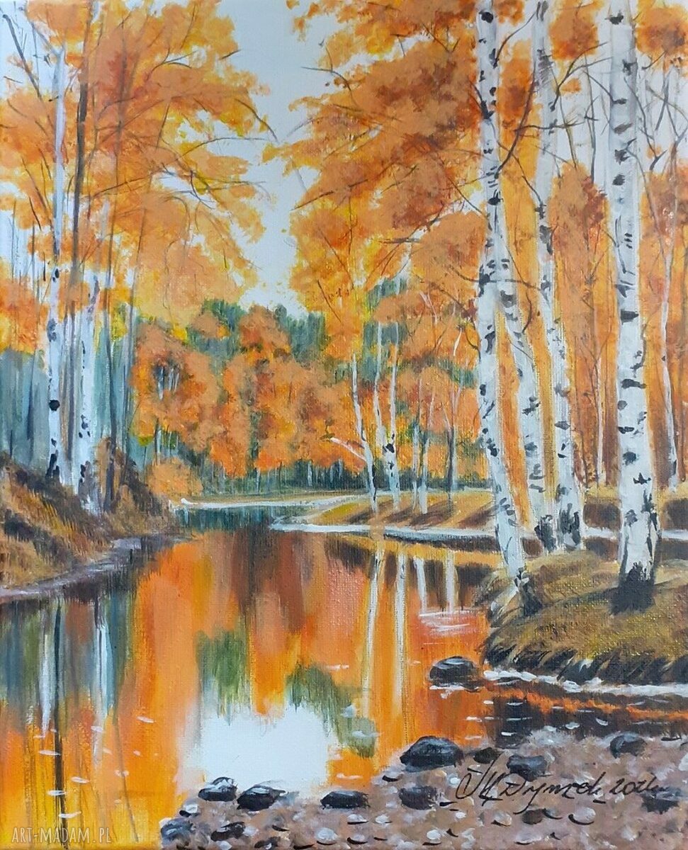 Obraz ręcznie malowany akrylowy "Jesienne brzózki" 30x24 cm