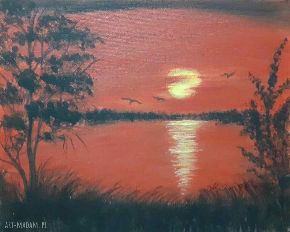 Ręcznie malowany obraz akrylowy 'Krwisty Zen' 24x30 cm - słońce w morzu i odbicie w wodzie