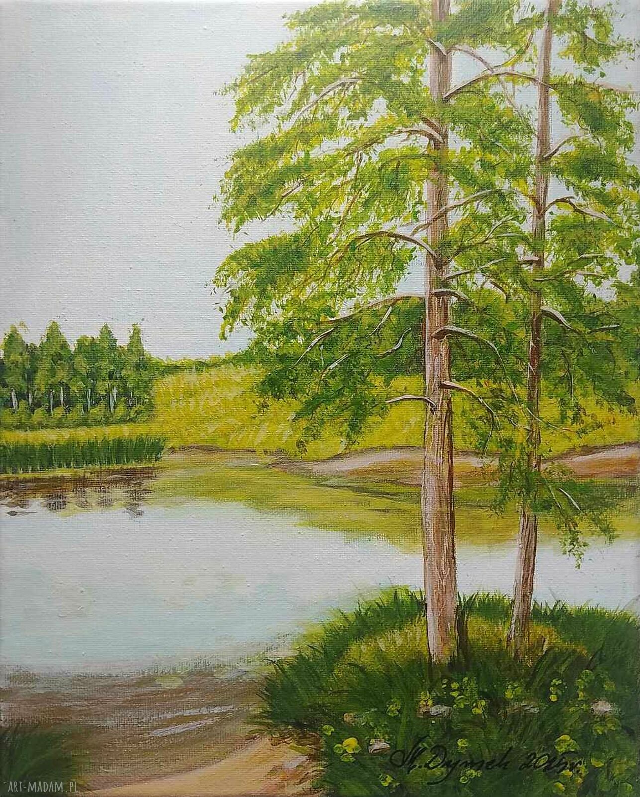 Akrylowy obraz „Las i Woda” 30x24 cm - wiosenny pejzaż z odbiciem