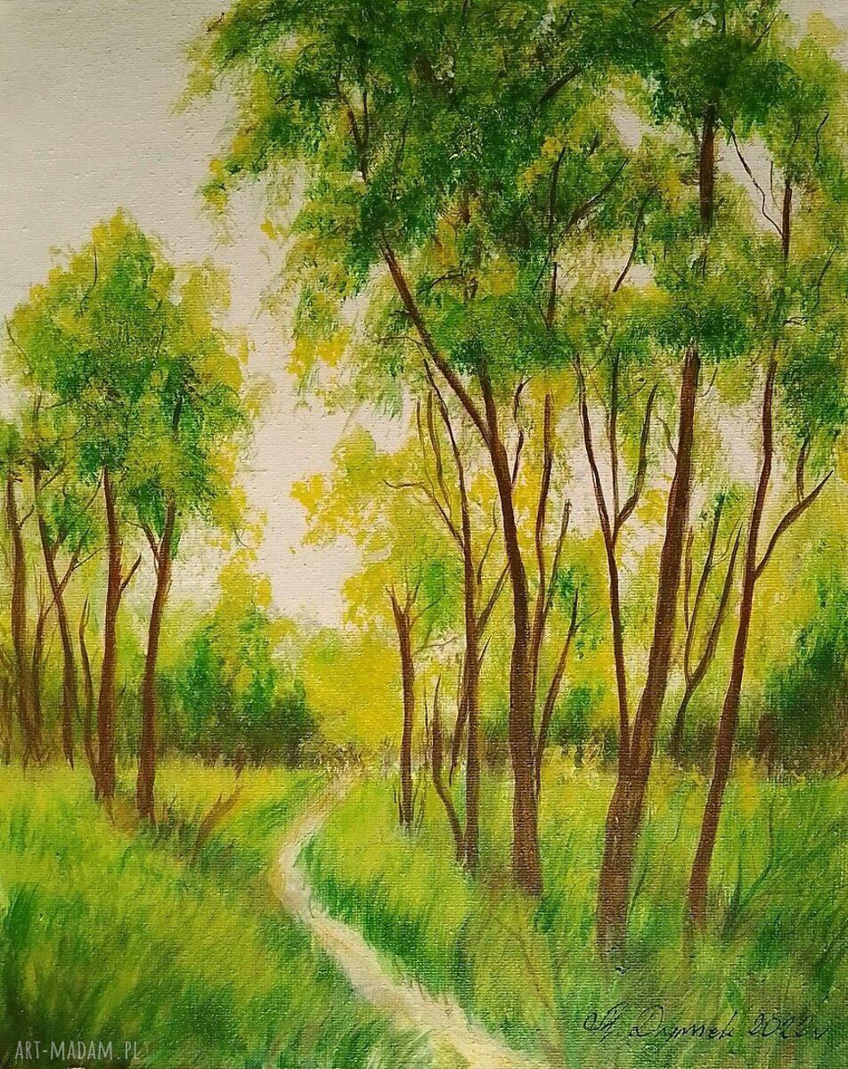 Obraz ręcznie malowany akrylowy „Leśną ścieżką” - 30x24 cm