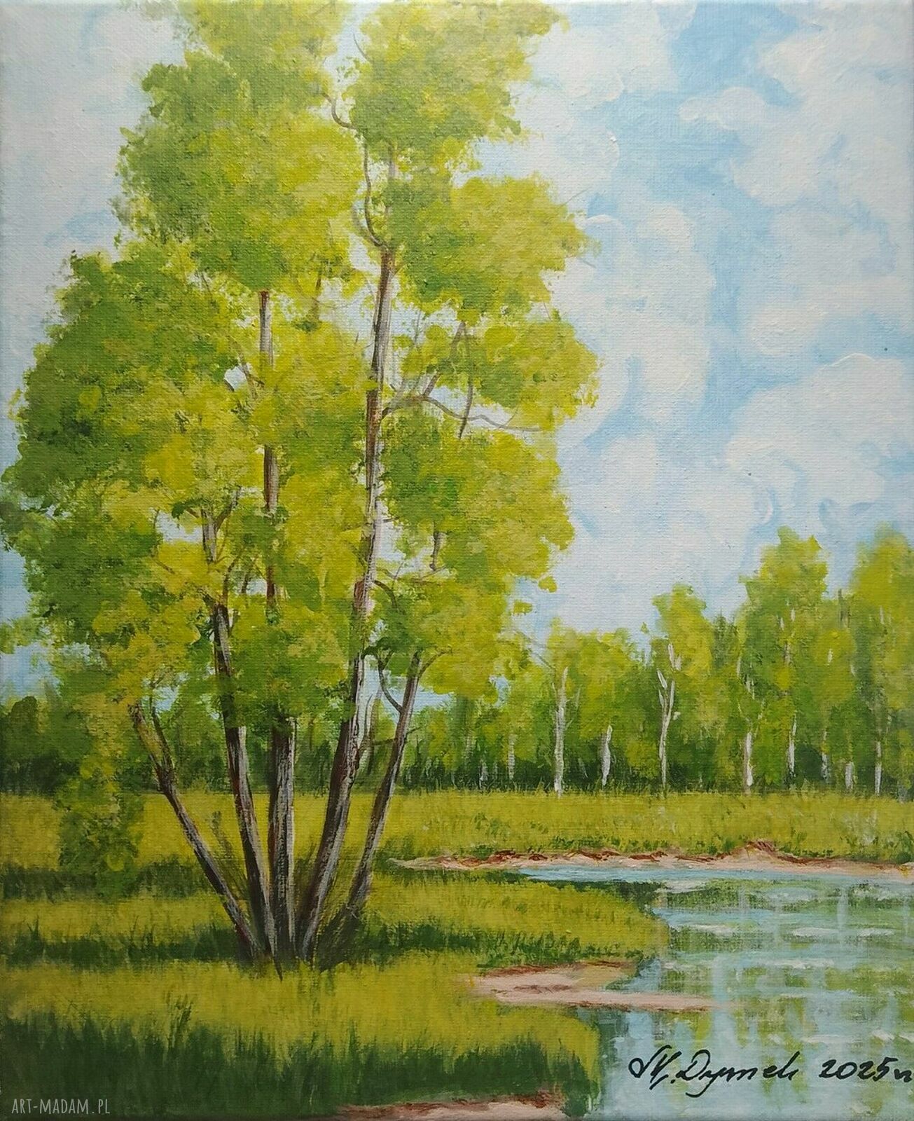 Obraz ręcznie malowany akrylowy „Na pierwszym planie” - drzewa w lesie, 30x24 cm