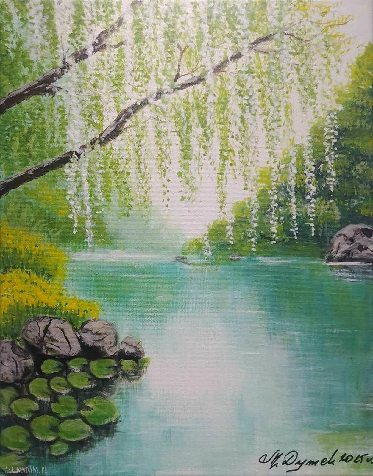 Obraz ręcznie malowany akrylowy „Nad turkusową wodą” - pejzaż 30x24 cm
