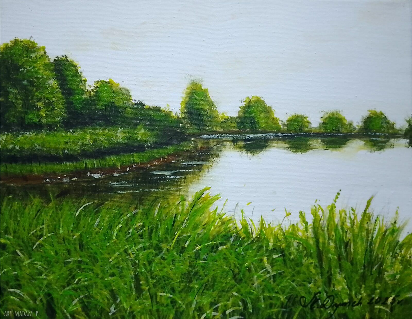 Obraz akrylowy „Nad zielonymi mokradłami” - ręcznie malowany pejzaż 24x30 cm