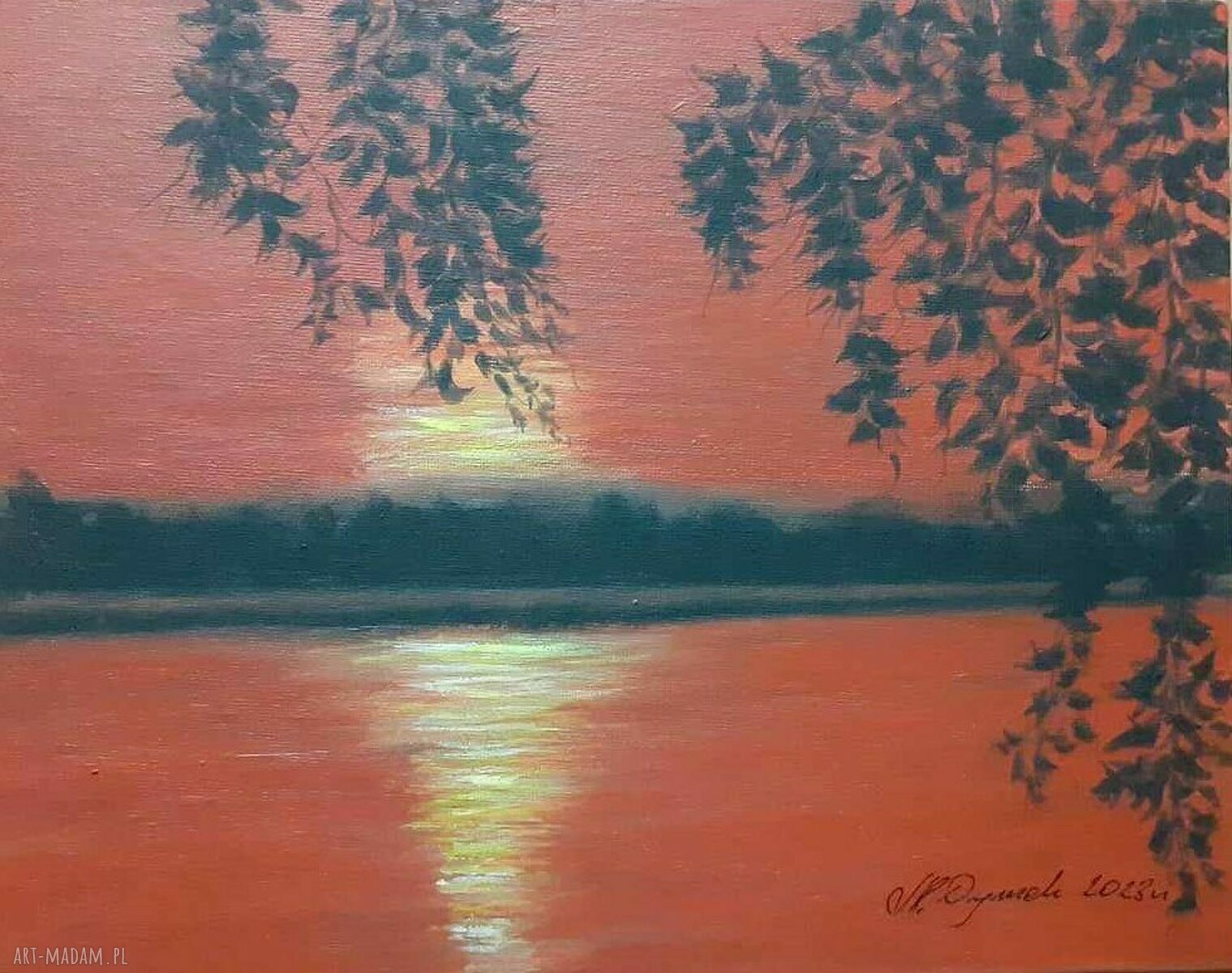 Obraz ręcznie malowany akrylowy "Ognisty zachód" - 24x30 cm