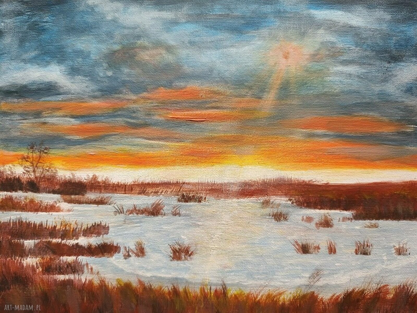 Obraz ręcznie malowany akrylowy „Oranżowy granat” 24x30 cm - słońce w morzu