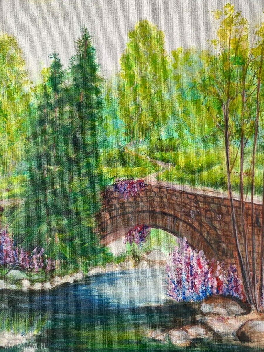 Most z drzewami - ręcznie malowany obraz akrylowy „Po drugiej stronie” 30x24 cm