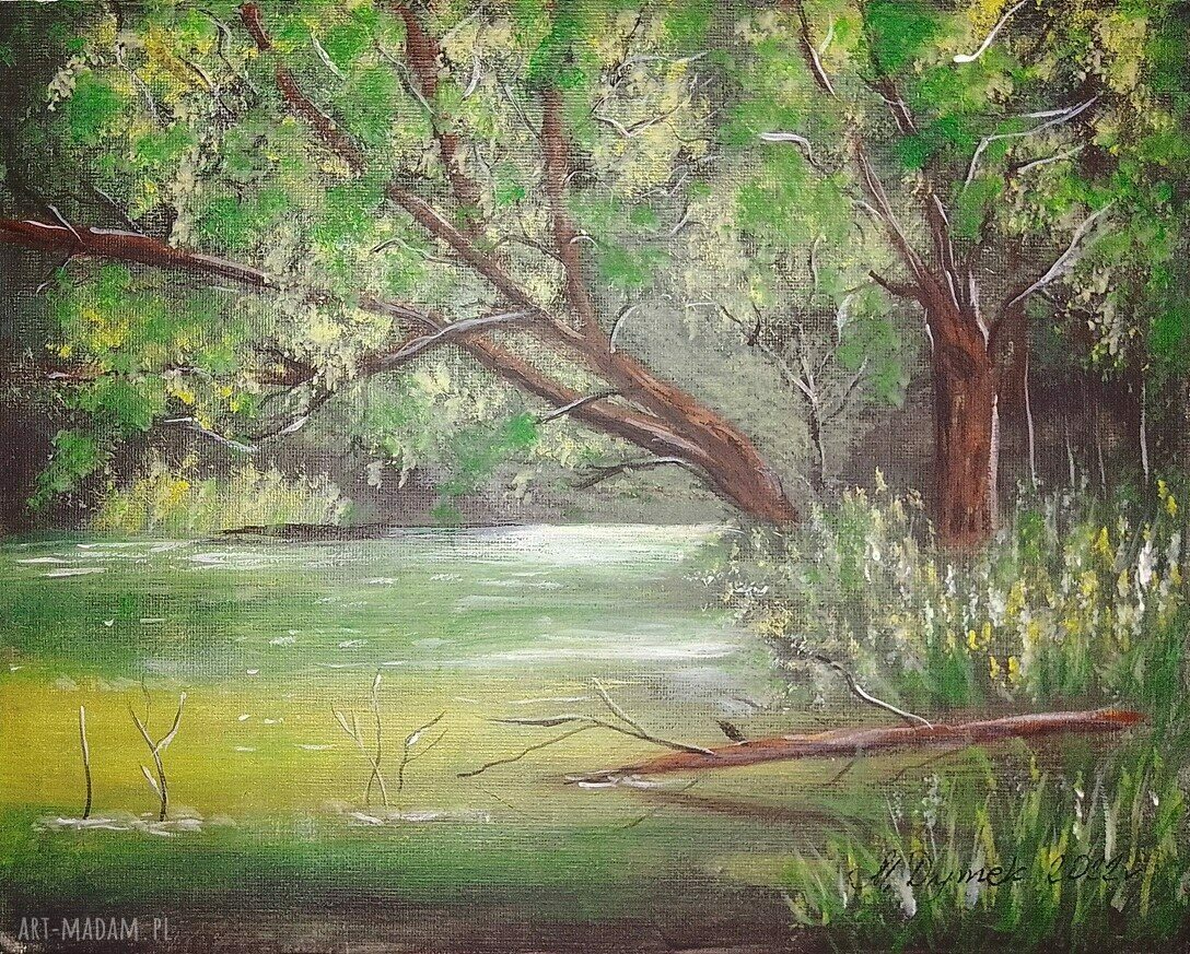 Obraz ręcznie malowany akrylowy „Pod drzewem” 24x30 cm - drzewa w lesie i wodzie