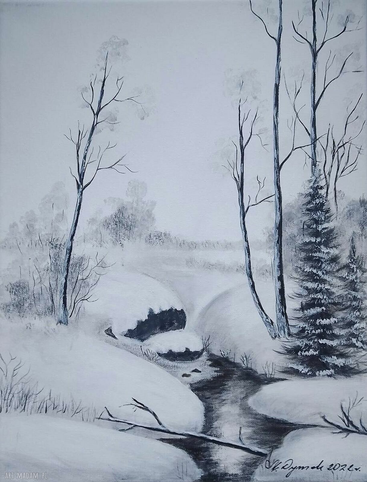 Obraz ręcznie malowany akrylowy „Pod śnieżną pokrywą” - 40x30 cm