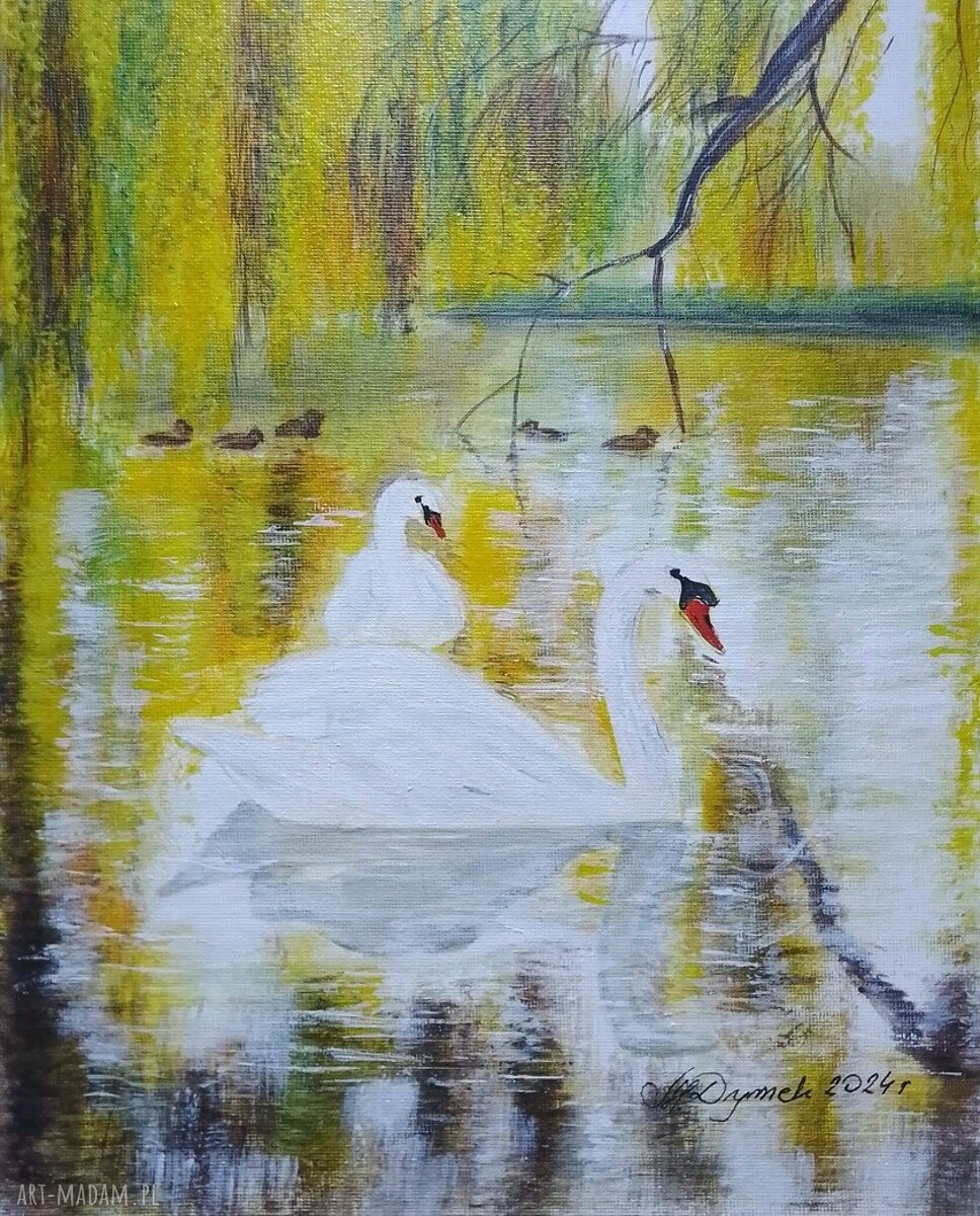 Obraz ręcznie malowany akrylowy „Razem raźniej” 30x24 cm - zakochane łabędzie