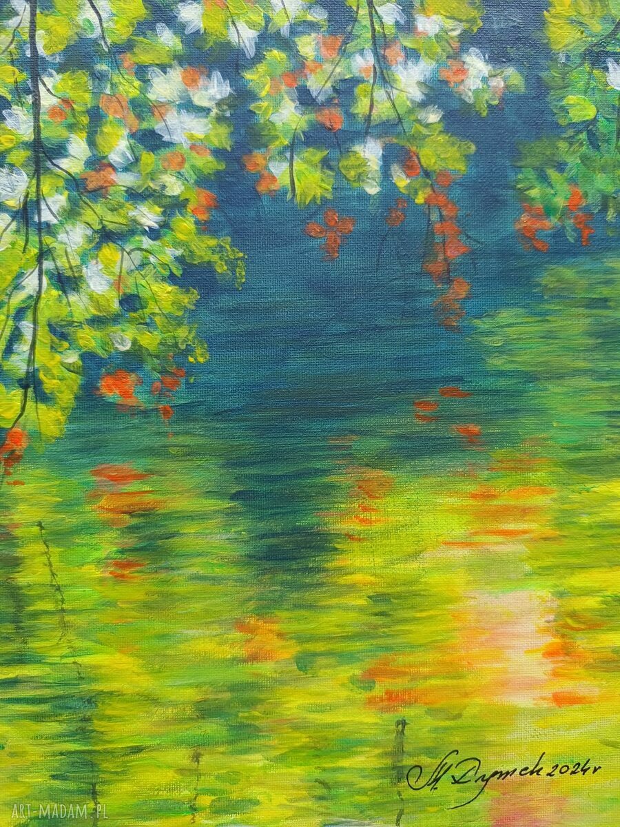 Obraz ręcznie malowany akrylowy „Schyłek lata” 30x24 cm - słońce na łące i odbicie w wodzie