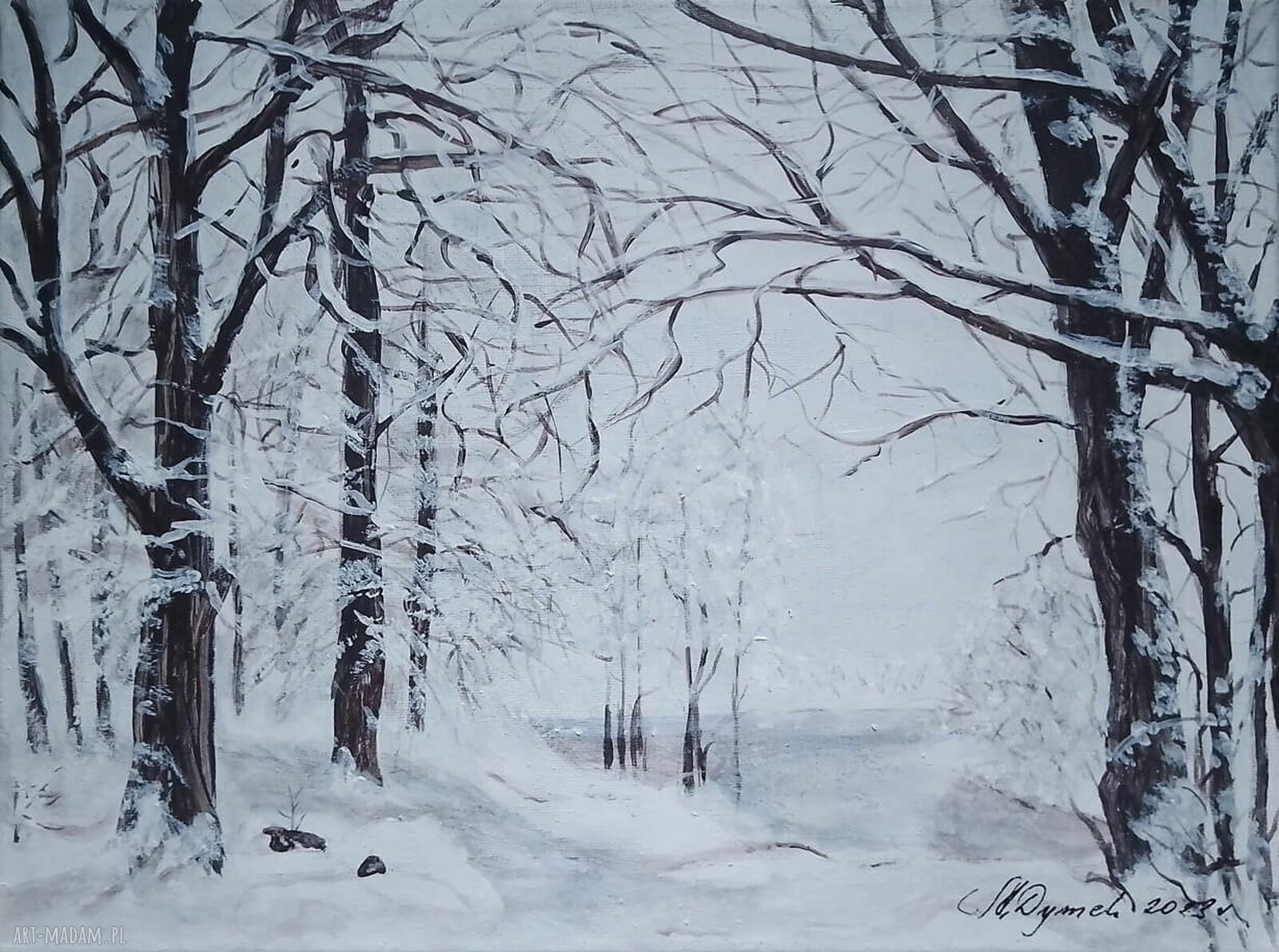 Obraz ręcznie malowany akrylowy „Śnieżną ścieżką” 30x40 cm
