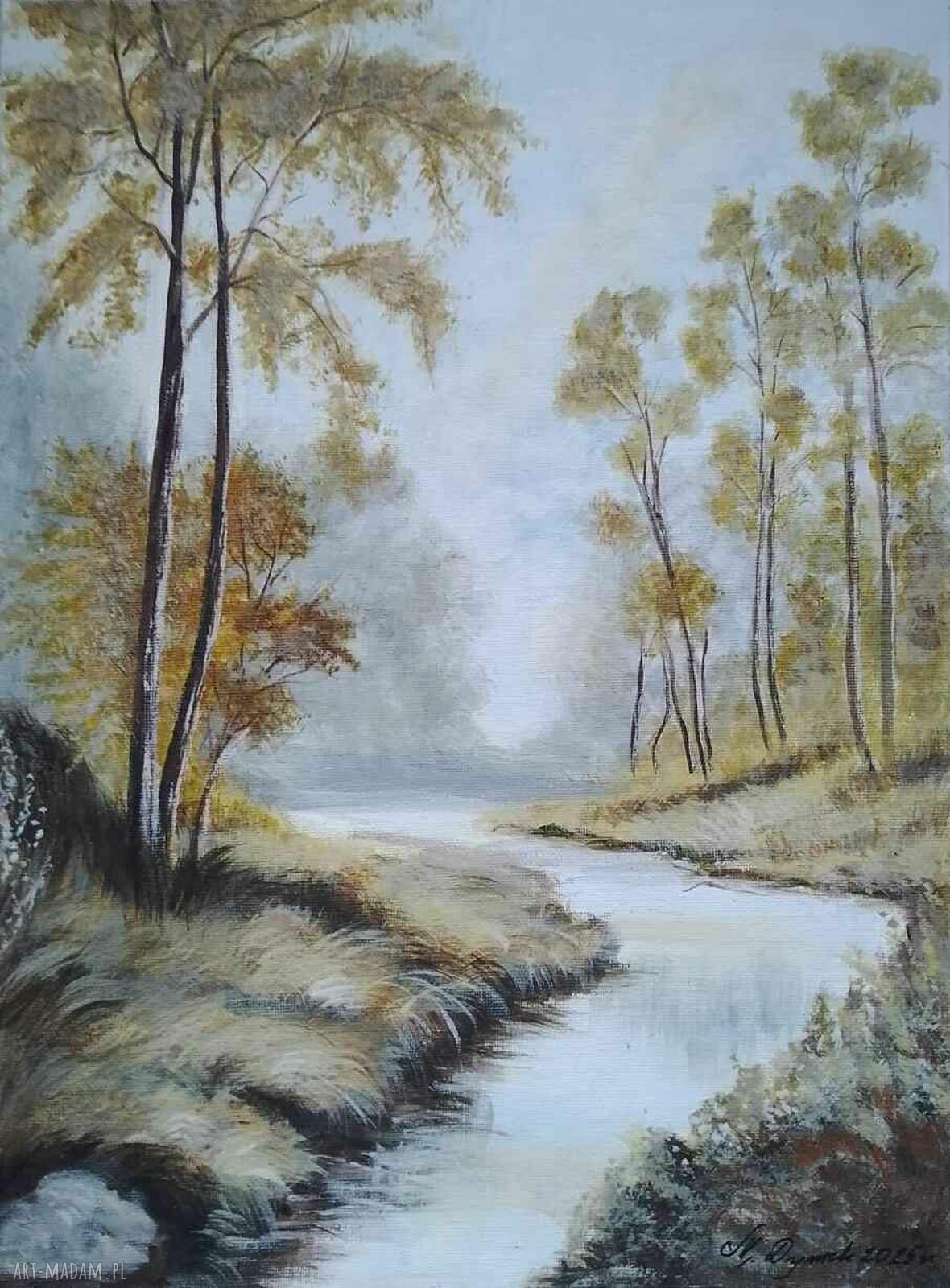 Obraz ręcznie malowany akrylowy „Szaro, dżdżysto, mglisto” - 40x30 cm pejzaż lasu