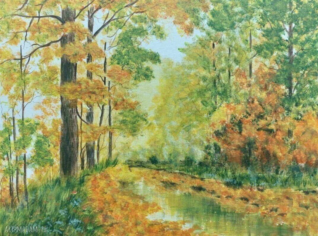 Ręcznie malowany obraz akrylowy Las - ciepłe barwy 24x30 cm