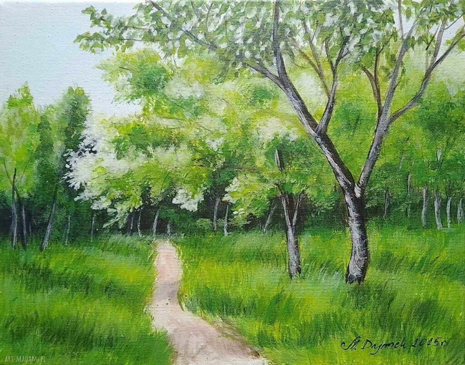 Obraz ręcznie malowany akrylowy „W głębi zieleni” 30x24 cm
