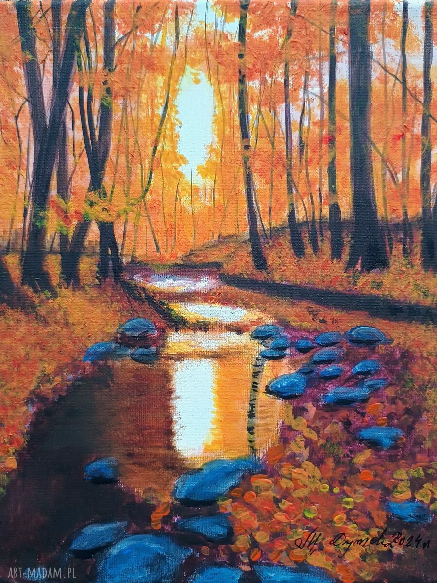 Jesienna odsłona w lesie i przy stawie - ręcznie malowany obraz akrylowy 24x30 cm