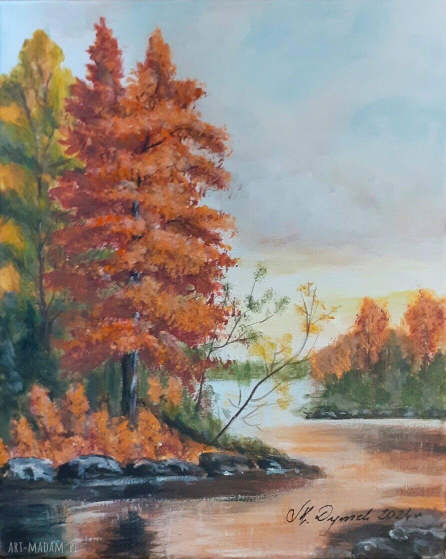 Obraz ręcznie malowany akrylowy „W ogniu barw” 30x24 cm - pejzaż jesień