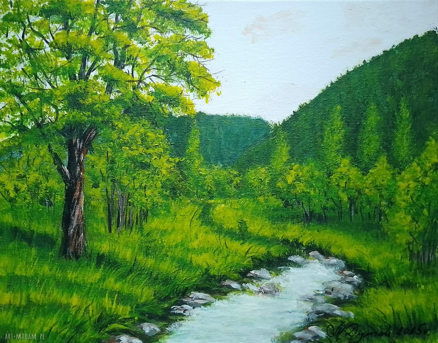 Obraz ręcznie malowany akrylowy „W zielonym zaciszu” - 24x30 cm