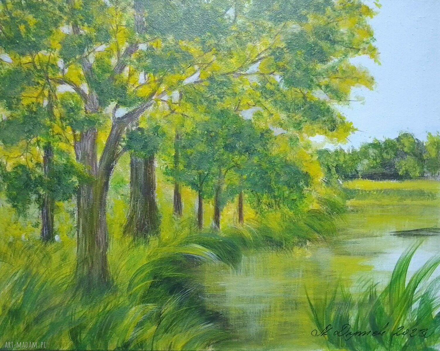 Obraz akrylowy "Wiosną w parku" 24x30 cm - odbicie w wodzie