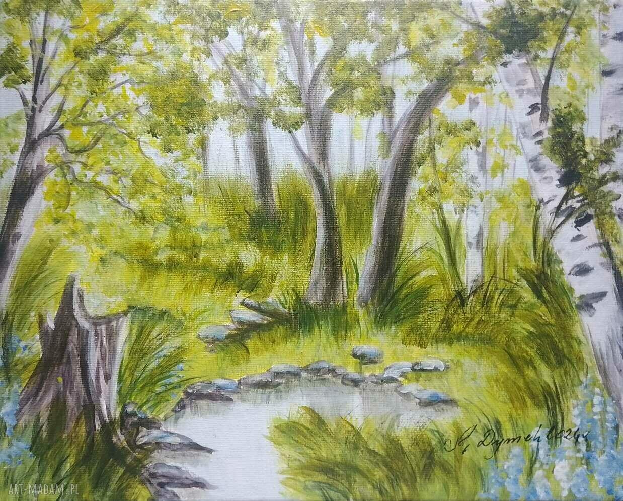 Obraz ręcznie malowany akrylowy „Wśród drzew” 24x30 cm