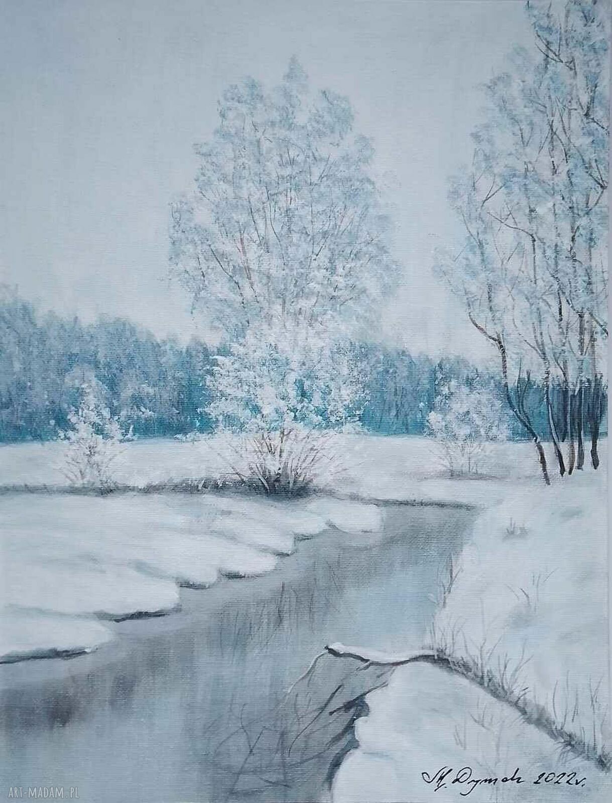 Obraz ręcznie malowany akrylowy 'Zaśnieżony błękit' 40x30 cm - śnieg w parku zimowy