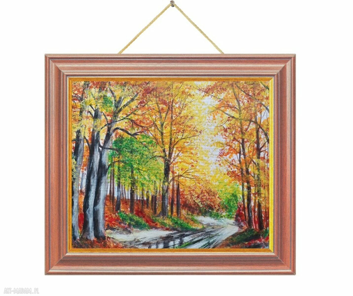 Obraz ręcznie malowany akrylowy „Barwną Aleją” - jesienny pejzaż drzew, 24x30 cm