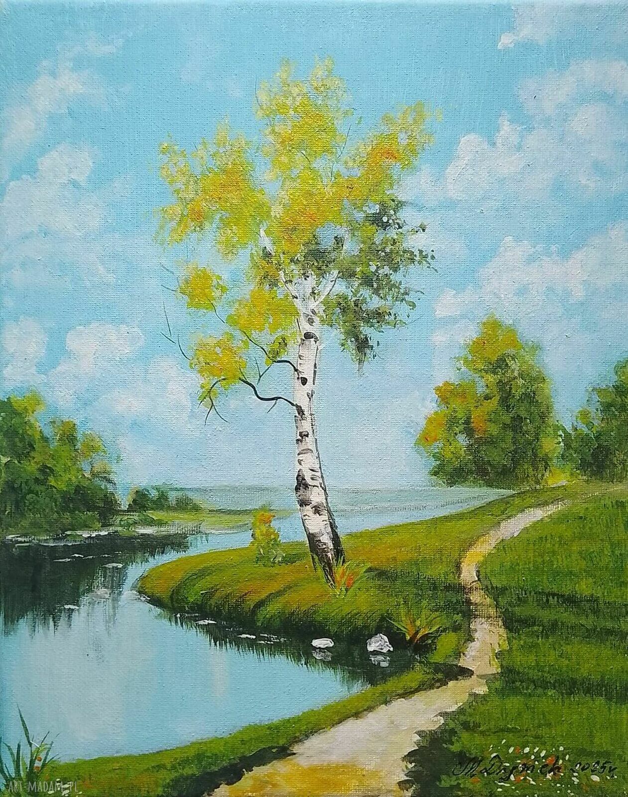 OBRAZ RĘCZNIE MALOWANY AKRYLOWY "BRZOZOWA SAMOTNIA" - 30x24 cm