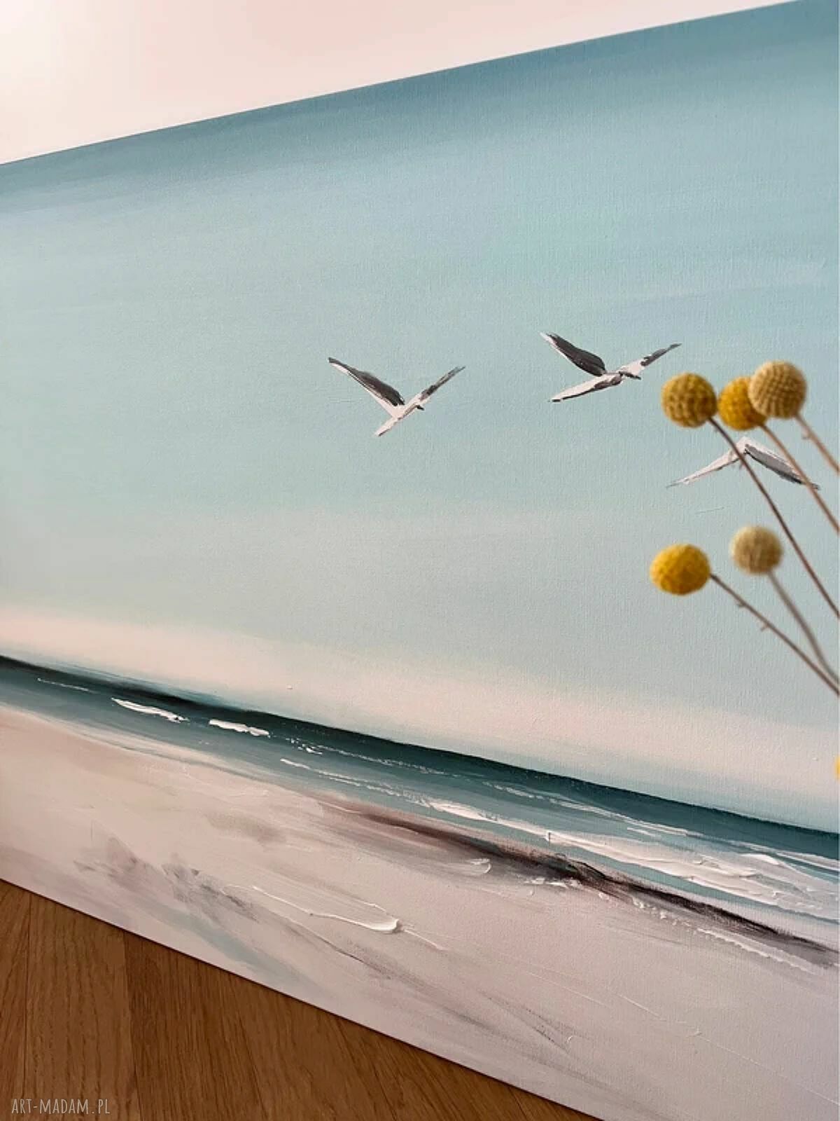 Ręcznie malowany obraz morski z mewami - plaża 60x90 cm