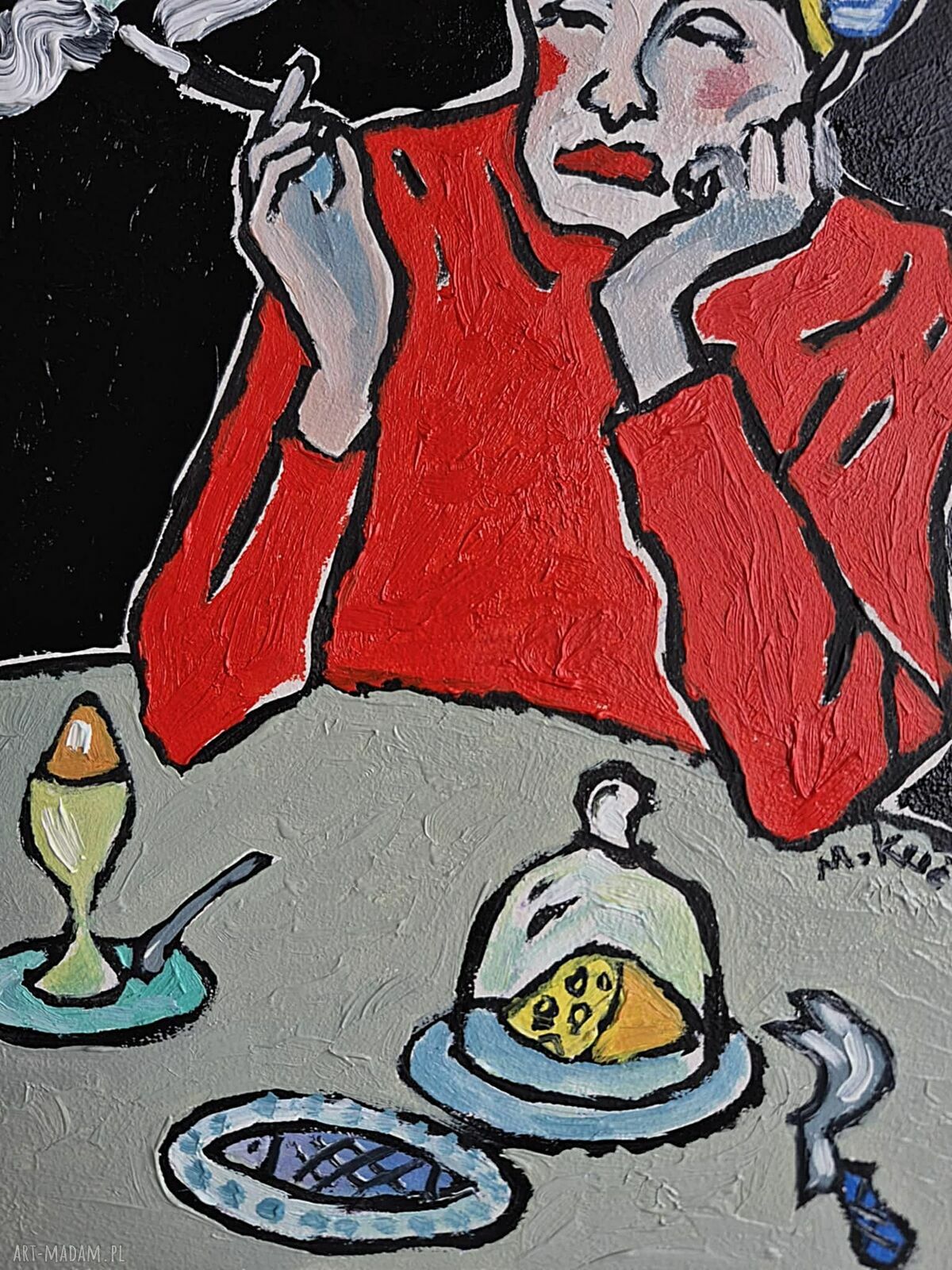 Obraz olejny ręcznie malowany Babcia z pieskiem do salonu (21x29 cm) edycja limitowana