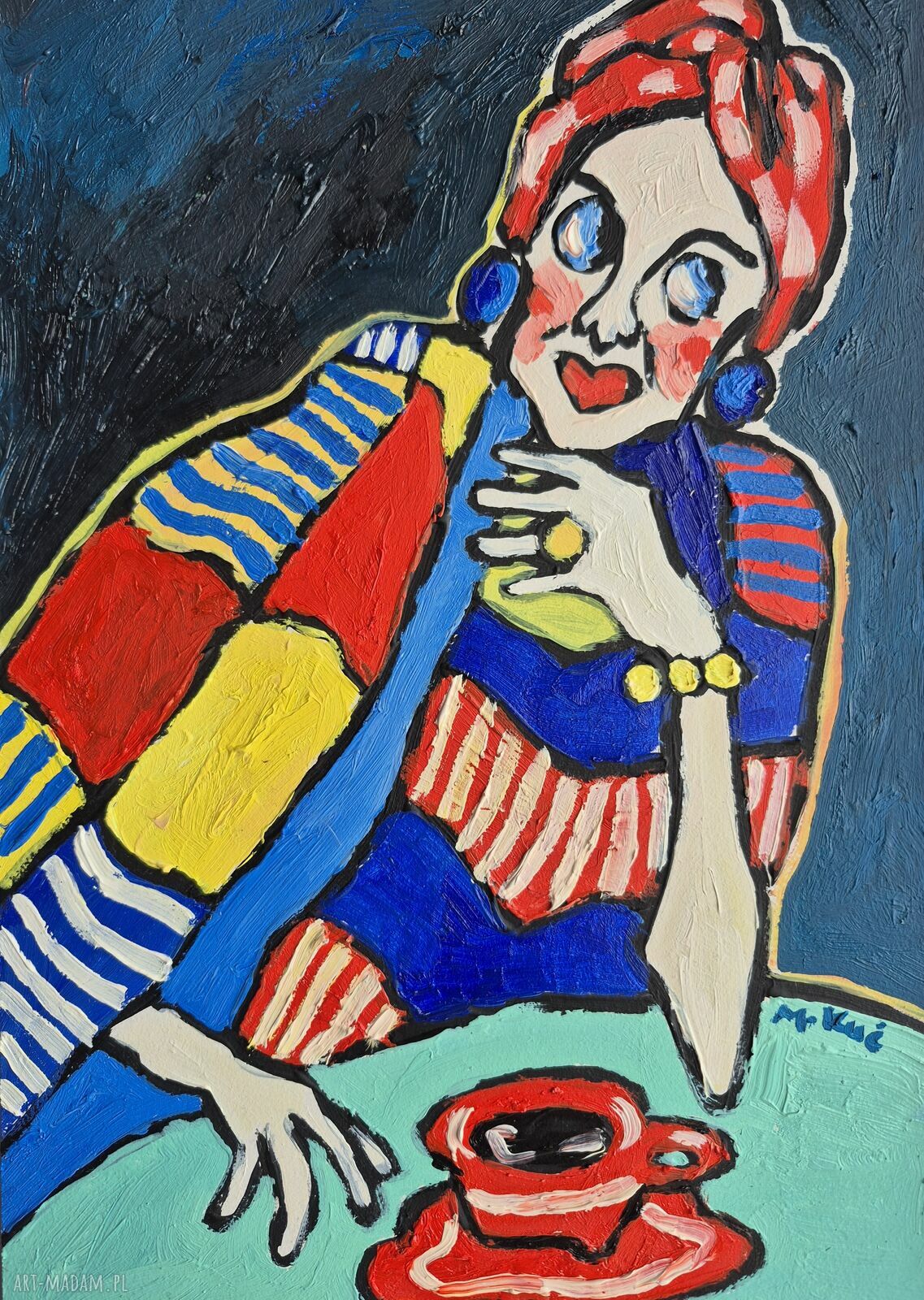 Olejny obraz ręcznie malowany do salonu ekspresyjna kobieta w abstrakcyjnych barwach (21x29 cm)