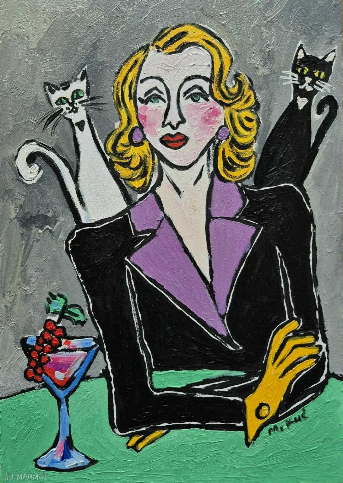 Obraz olejny ręcznie malowany - portret divy z kotami do salonu