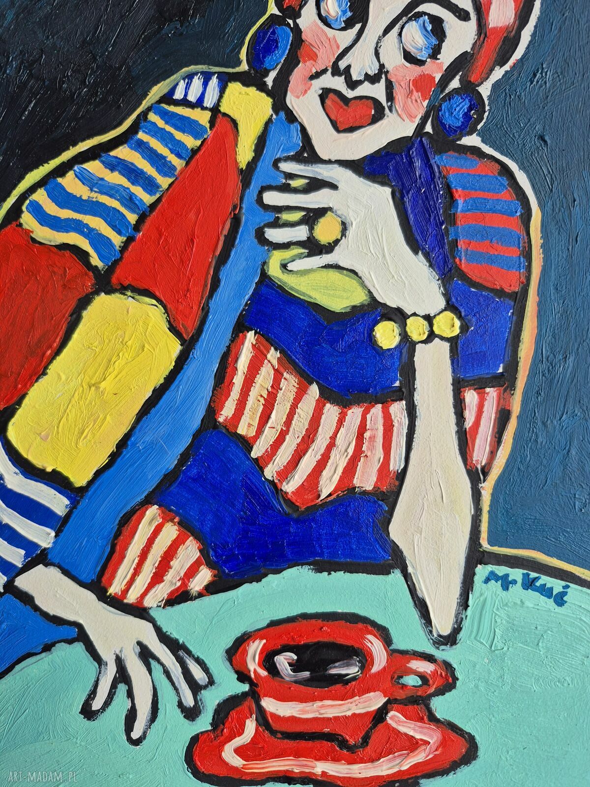 Olejny obraz ręcznie malowany do salonu ekspresyjna kobieta w abstrakcyjnych barwach (21x29 cm)