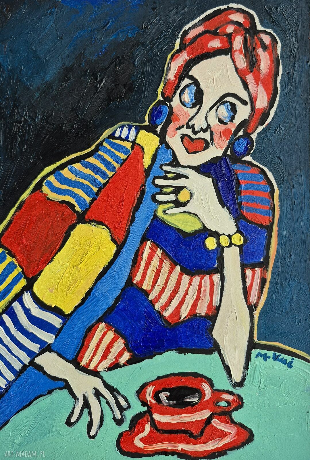 Olejny obraz ręcznie malowany do salonu ekspresyjna kobieta w abstrakcyjnych barwach (21x29 cm)