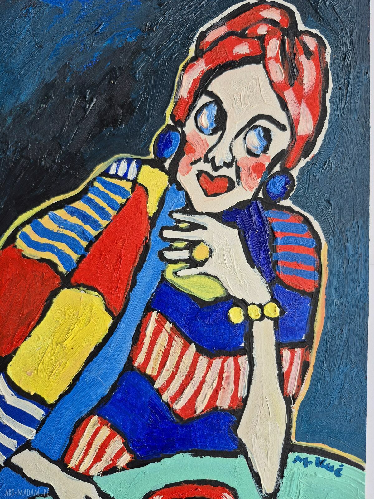 Olejny obraz ręcznie malowany do salonu ekspresyjna kobieta w abstrakcyjnych barwach (21x29 cm)