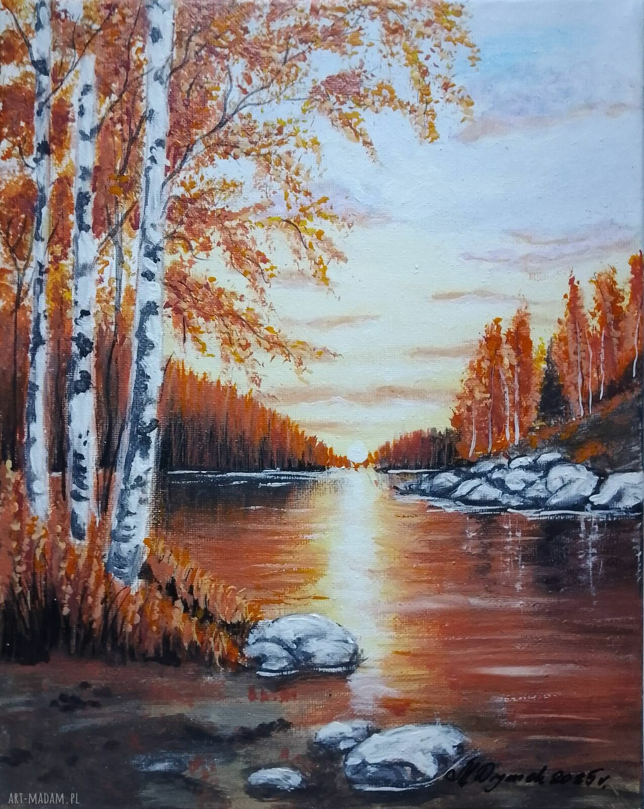 Obraz olejny "Jesienny Bezczas" - kolorowe drzewa i liście, 30x24 cm