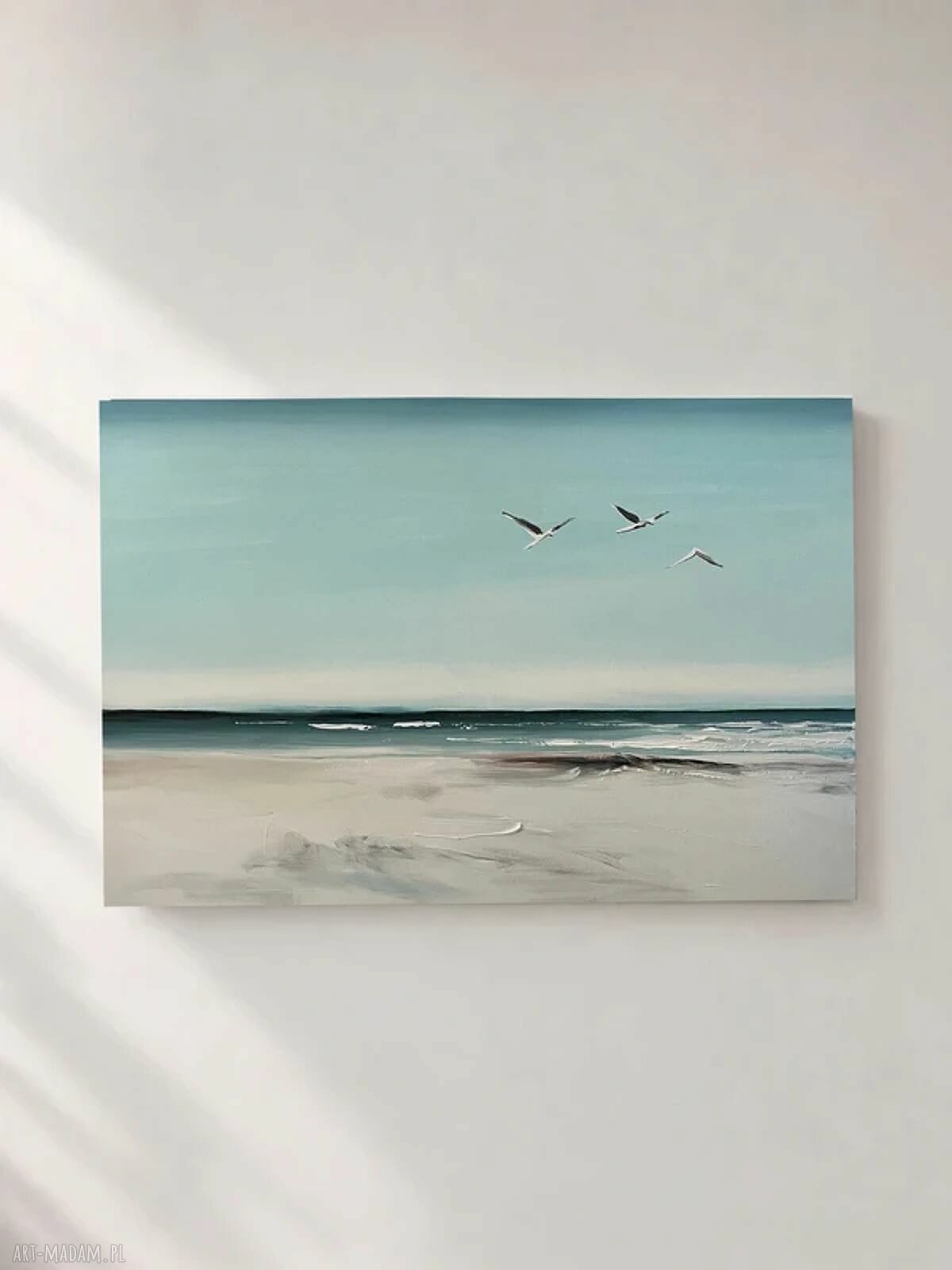 Ręcznie malowany obraz morski z mewami - plaża 60x90 cm