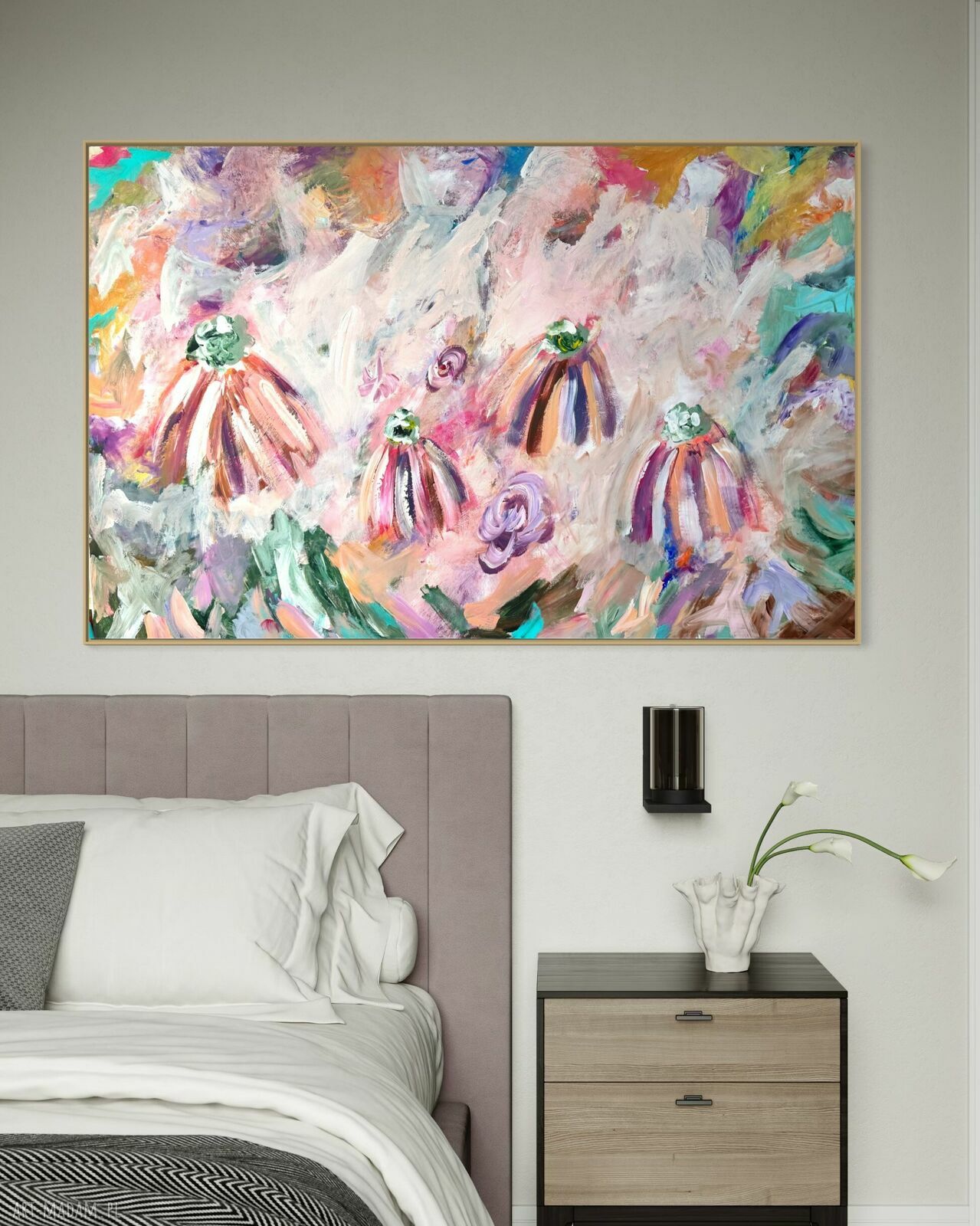 Duży obraz ręcznie malowany 90x140 cm w stylu kwiatowej abstrakcji