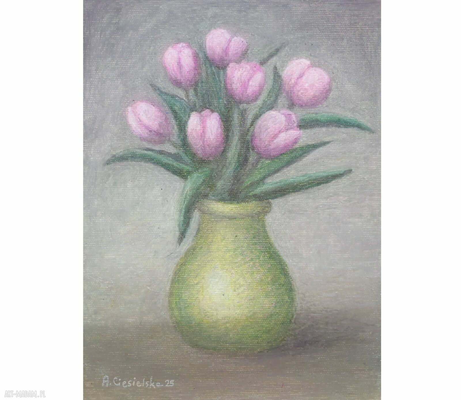 Siedem różowych tulipanów - ręcznie malowany obraz 18x24 cm