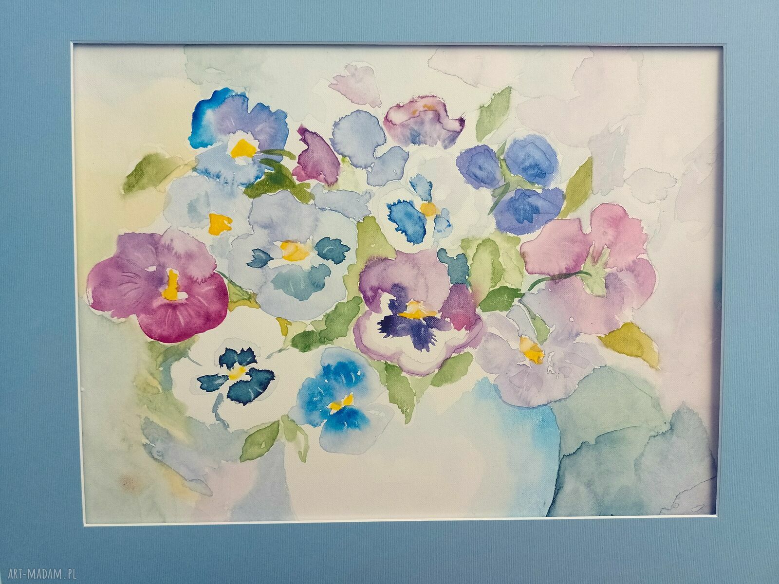 Bratki w wazonie - ręcznie malowany obraz akwarela 48x34